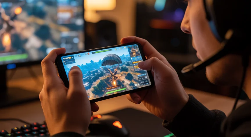 Gamer jugando Free Fire en smartphone con visibilidad de la fase de aterrizaje