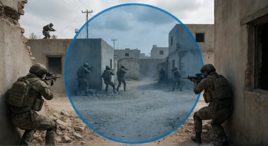 como ser mejor jugador en warzone, Vista aérea del mapa de Warzone mostrando la zona azul reduciéndose y soldados en posición táctica entre edificios