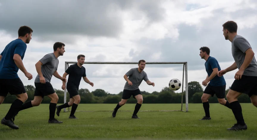 como ser mejor jugando futbol, Partido de fútbol amateur con pases entre líneas en un campo de césped natural