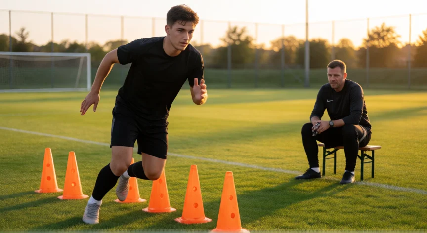 como ser mejor lateral derecho, Jugador realizando ejercicios de shuttle run con conos en una sesión de entrenamiento de fútbol