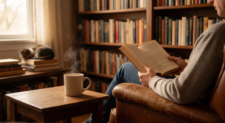 como ser mejor lector, Persona leyendo un libro en una biblioteca acogedora con luz natural