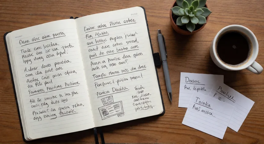 como ser mejor lector, Cuaderno de notas de lectura con frases subrayadas y café sobre mesa de madera
