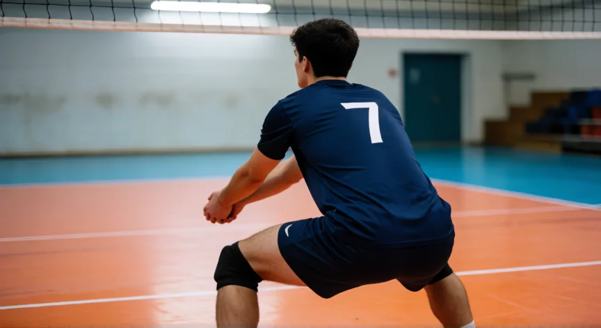 como ser mejor libero, Líbero de vóley en posición de ready con antebrazos unidos en la pista
