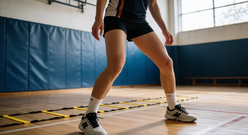 como ser mejor libero en voleibol, Ejercicio de desplazamiento lateral con pasos en tijera en cancha de voleibol