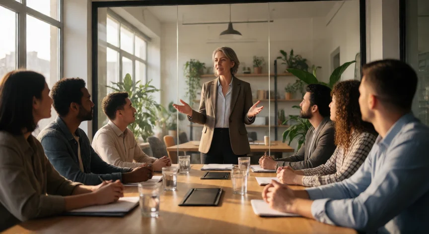 como ser mejor lider, Líder dirigiendo una reunión de equipo en una sala moderna con luz natural