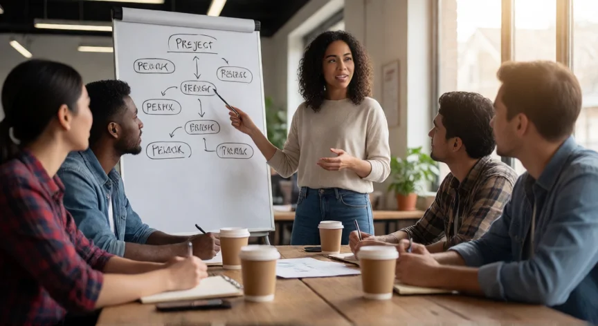 Líder de equipo facilitando una reunión colaborativa en oficina moderna