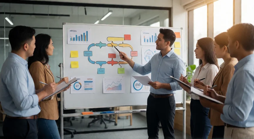 como ser mejor lider en ventas, Líder de ventas dirigiendo reunión de equipo ante un tablero con pipeline comercial