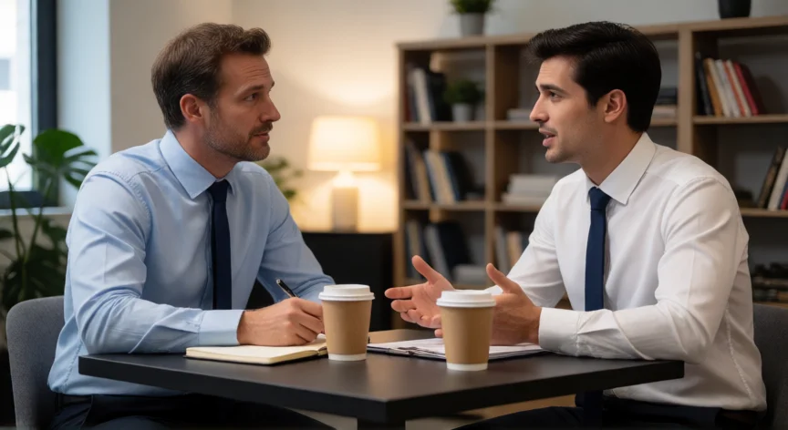 como ser mejor lider en ventas, Sesión de coaching individual entre líder comercial y vendedor en oficina