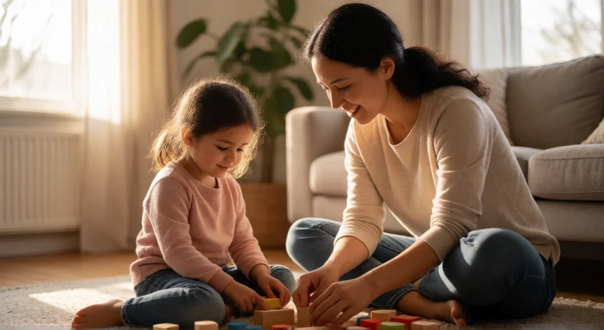 como ser mejor madre, Madre jugando en el suelo con su hija mientras construyen con bloques de madera