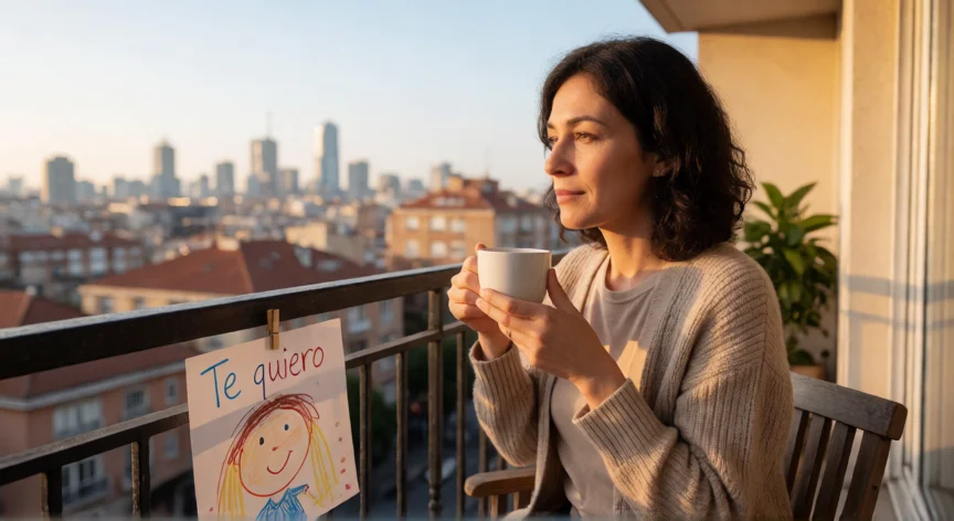 como ser mejor madre, Madre en el balcón tomando un té con un dibujo de su hijo en la barandilla