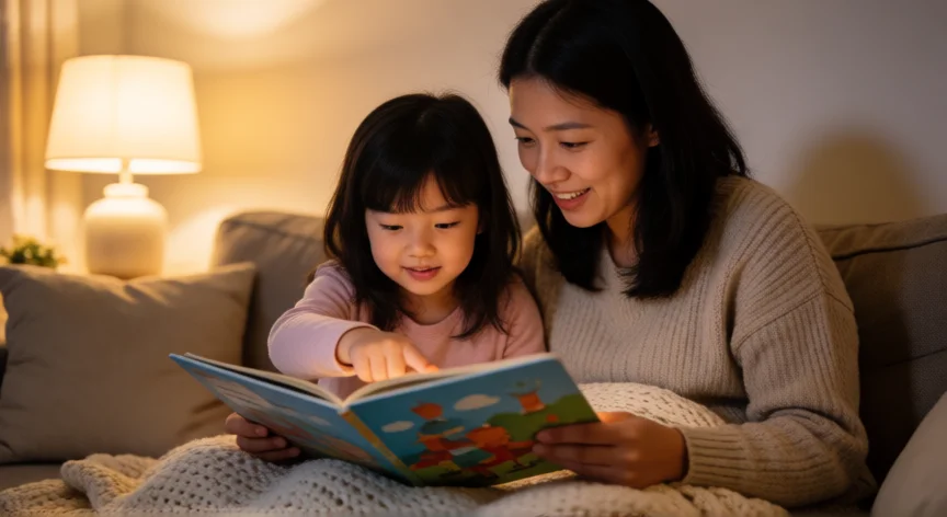 como ser mejor madre para mis hijos, Madra e hija leyendo un cuento juntas en el sofá por la tarde