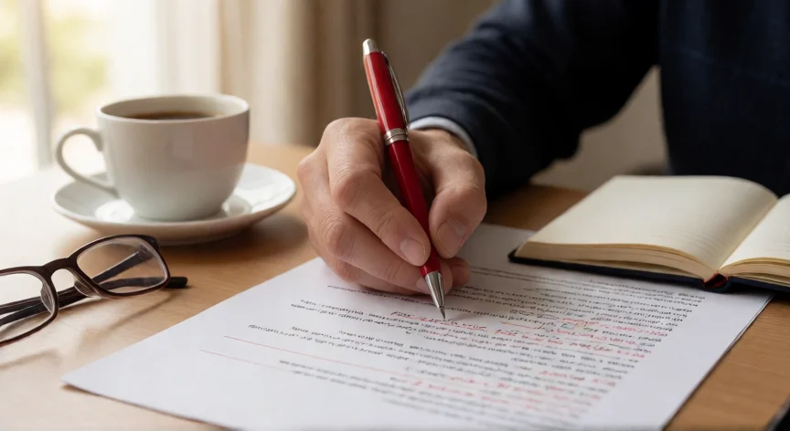 como ser mejor maestro, Manos de un profesor escribiendo feedback en un trabajo de alumno