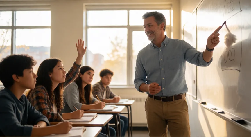 como ser mejor maestro el método eli pdf, Maestro explicando un diagrama a alumnos atentos en un aula luminosa