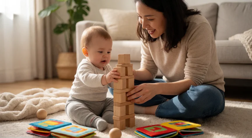 como ser mejor mama para un bebe de 1 año, Mamá jugando en el suelo con su bebé de un año entre bloques y libros de tela