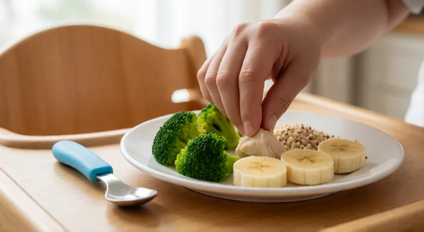 como ser mejor mama para un bebe de 1 año, Plato variado con verduras y frutas para bebé de 12 meses en la silla de comer