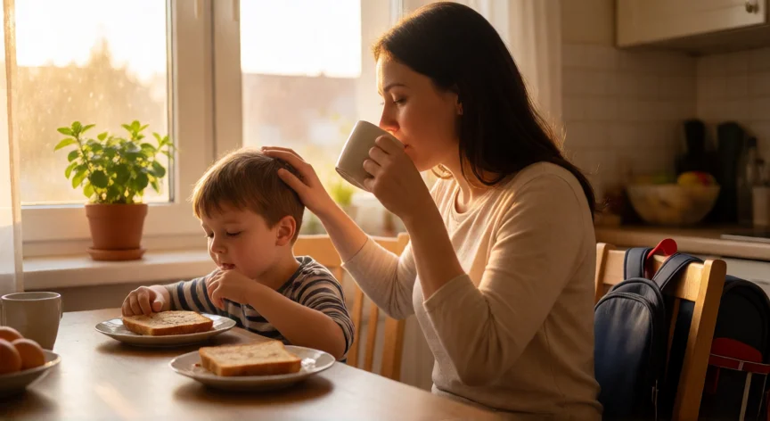 como ser mejor mama soltera, Madre soltera tomando café junto a su hijo en el desayuno matutino