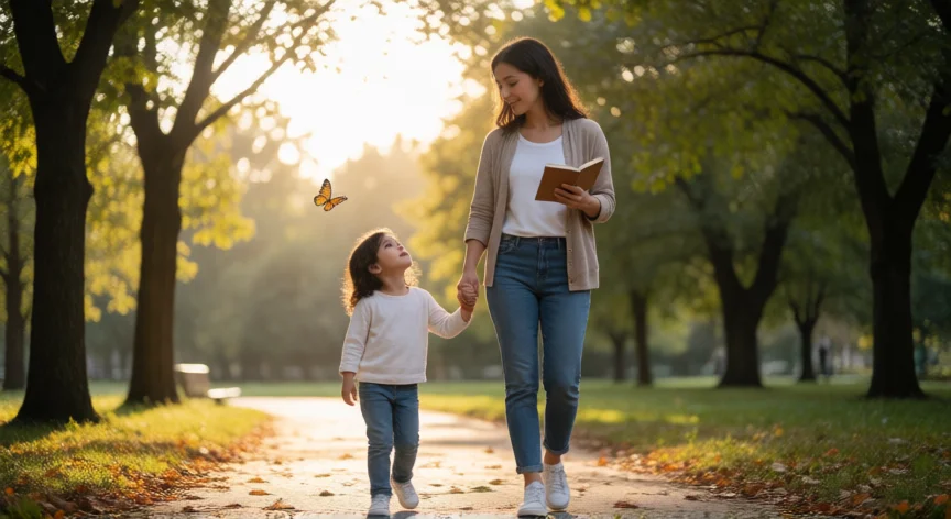 como ser mejor mama soltera, Madre paseando con su hija por el parque al atardecer