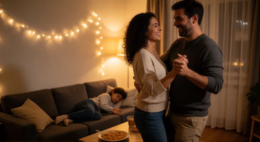 como ser mejor mama y esposa, Pareza bailando en el salón mientras su hijo duerme en el sofá