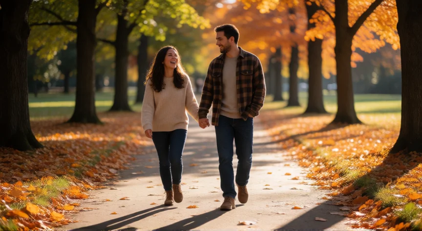 como ser mejor marido, Esposa y marido caminando juntos y riendo en un parque otoñal