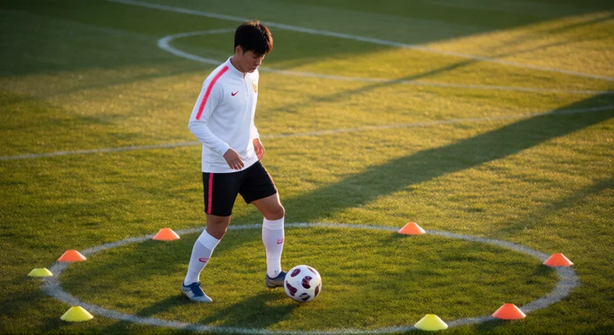 como ser mejor mediocampista, Jugador de fútbol en sesión de entrenamiento de pases con conos en el campo