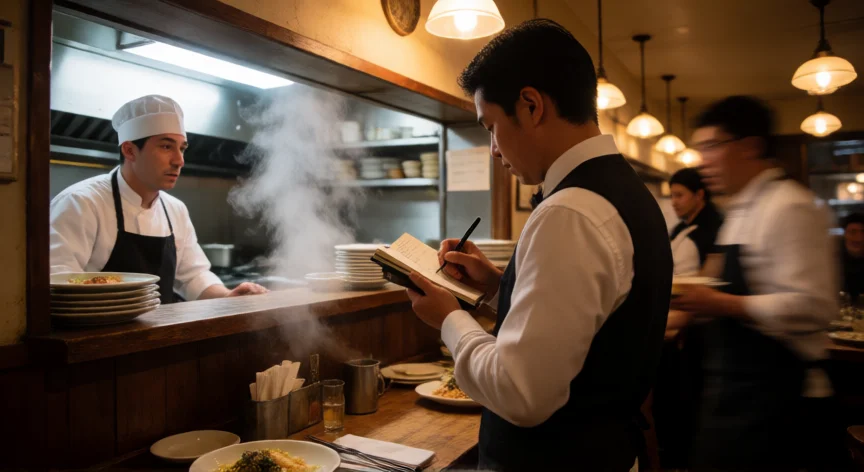 como ser mejor mesero, Mesero coordinando pedidos con cocina en restaurante lleno durante servicio