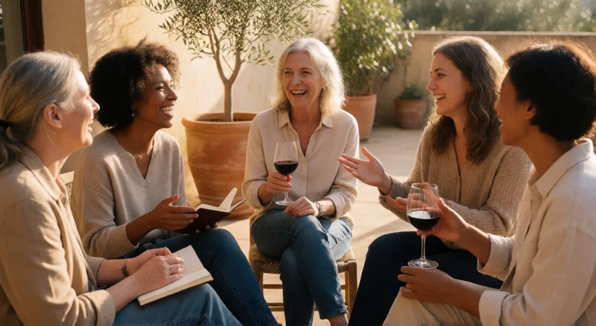 como ser mejor mujer, Grupo de mujeres diversas compartiendo una conversación en un patio soleado