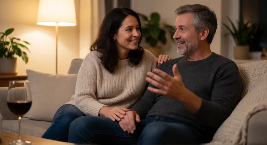 como ser mejor mujer para mi esposo, Pareja conversando con calidez en el sofá de casa por la tarde
