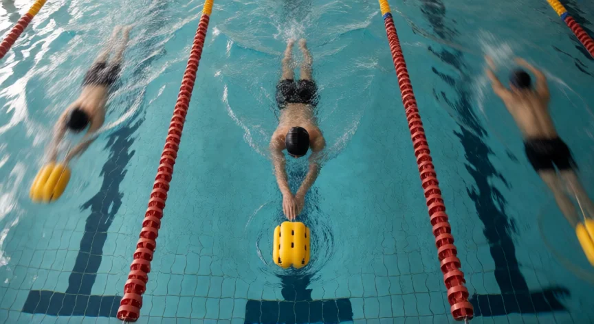 como ser mejor nadador, Nadador entrenando técnica con pull buoy y palas en piscina
