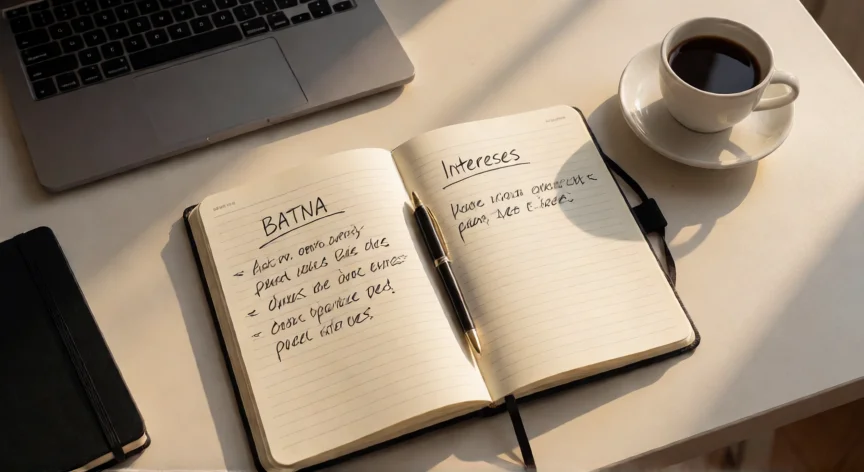 como ser mejor negociador, Mesa de preparación para una negociación con notas, café y ordenador