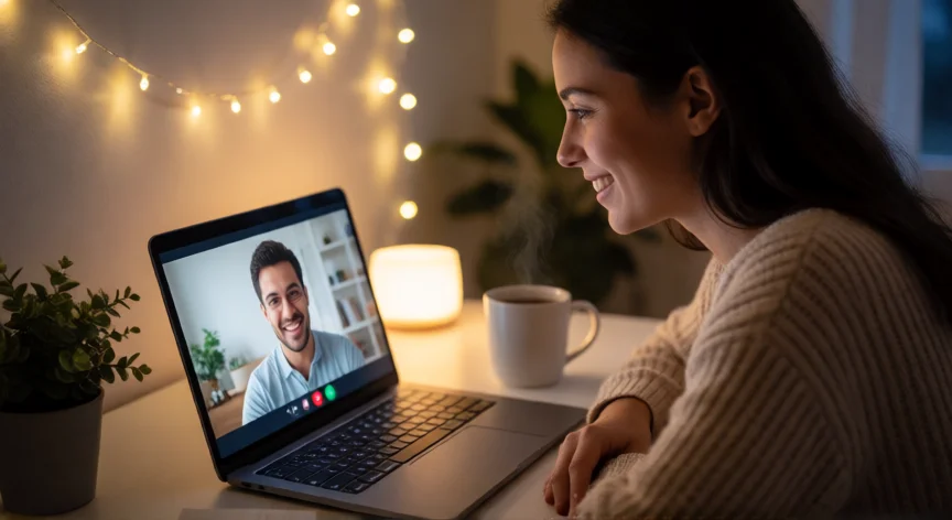como ser mejor novia a distancia, Mujer sonriendo en videollamada nocturna con su pareja en una relación a distancia