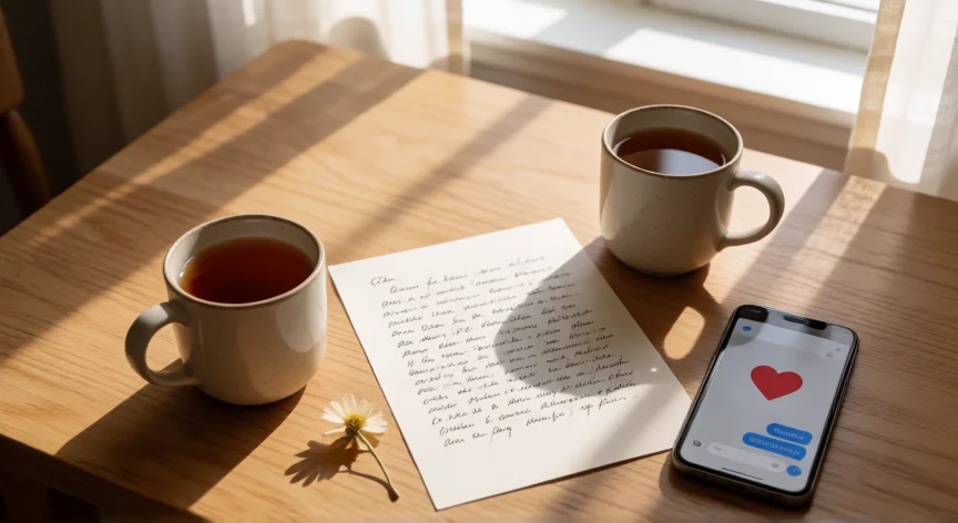 como ser mejor novia a distancia, Mesa con dos tazas de té separadas, una carta a mano y un móvil con conversación de amor