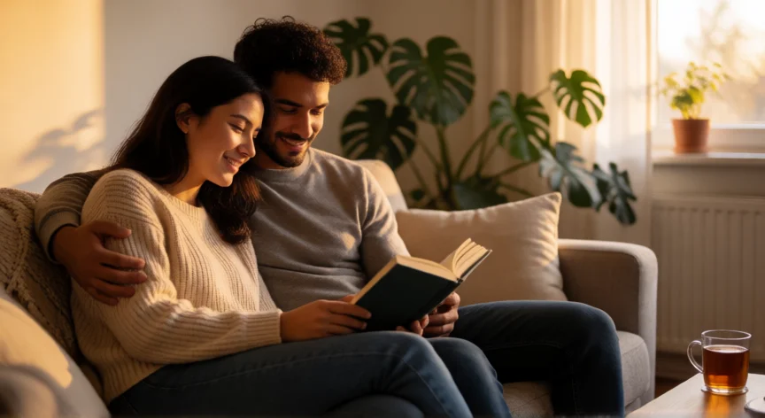 como ser mejor novia para el, Pareja conectando en el sofá con una bebida y luz cálida