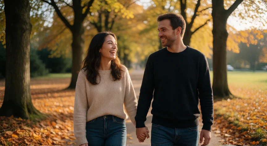 como ser mejor novia para el, Pareja caminando de la mano por un parque otoñal riendo