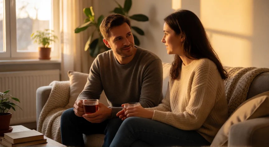 como ser mejor novio, Pareja conversando con atención y calidez en un salón acogedor