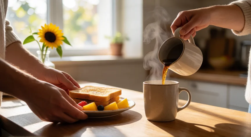 como ser mejor novio, Preparando el desayuno juntos en una cocina iluminada por la mañana
