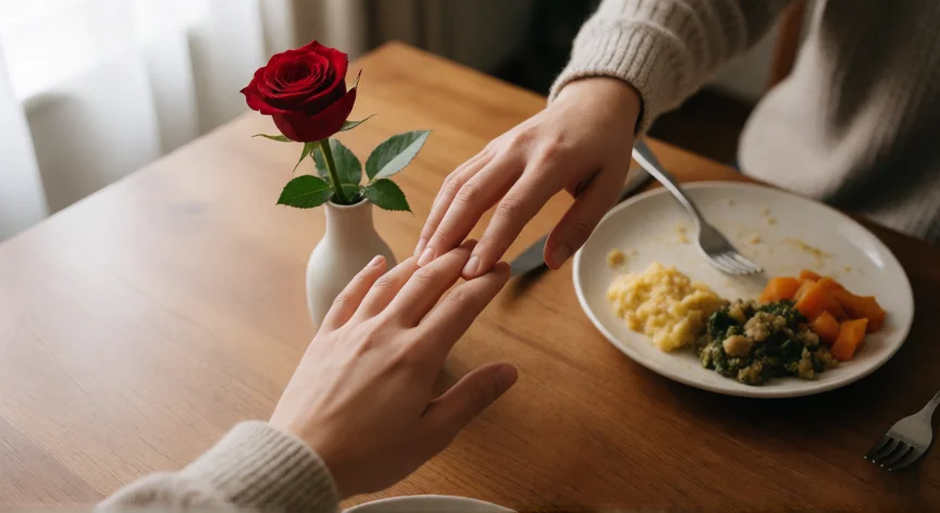 como ser mejor novio cada día, Manos de una pareja en la mesa del comedor con una cena casera y una rosa