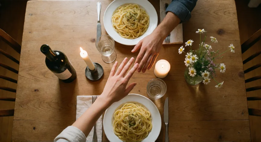 como ser mejor novio con mi pareja, Mesa para dos con cena casera y velas simbolizando tiempo de calidad en pareja