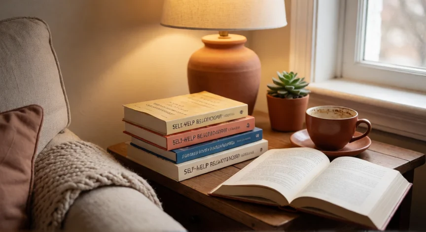 como ser mejor novio libro, Pila de libros de relaciones y autoayuda en una mesa de noche con luz cálida