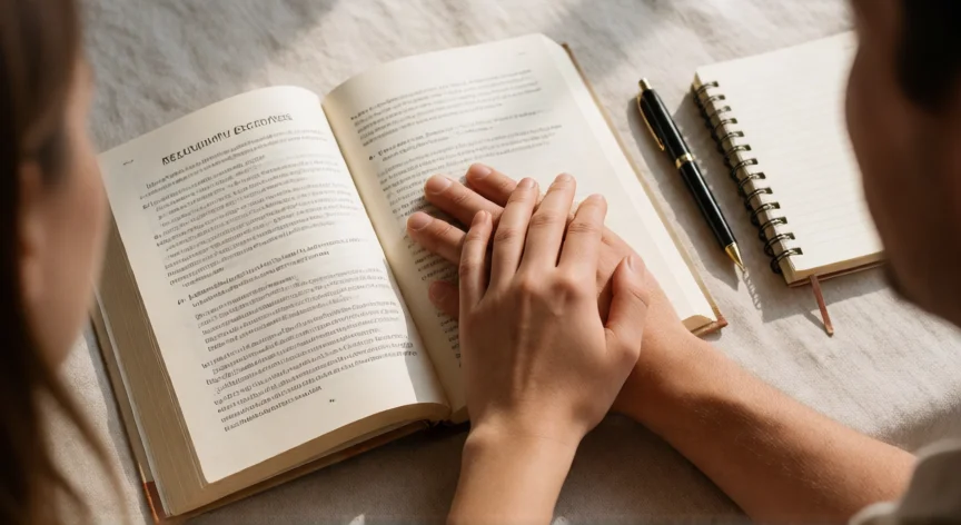 como ser mejor novio libro, Manos de pareja sobre un libro de ejercicios de relación con cuaderno y bolígrafo