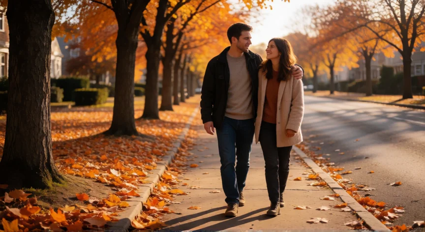 como ser mejor novio para ella, Pareja caminando de la mano por una calle arbolada al atardecer
