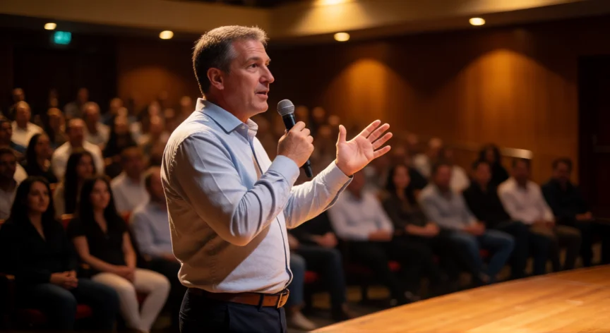 como ser mejor orador, Orador en escenario dirigiéndose a una audiencia atenta con iluminación cálida