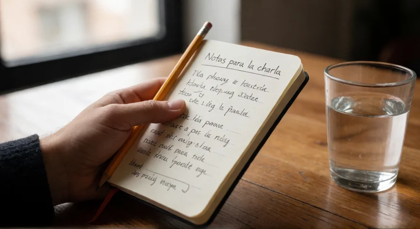 como ser mejor orador, Cuaderno de notas con preparación de discurso sobre mesa de madera