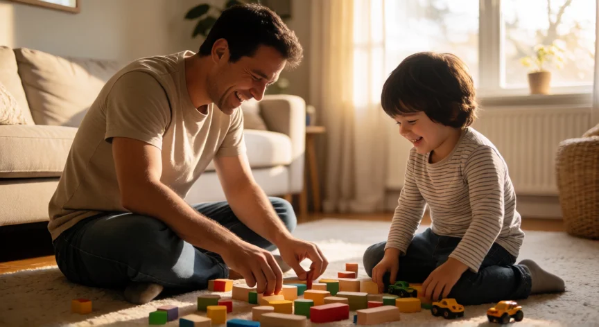 como ser mejor padre, Padre jugando en el suelo con su hijo de cuatro años en la sala de estar