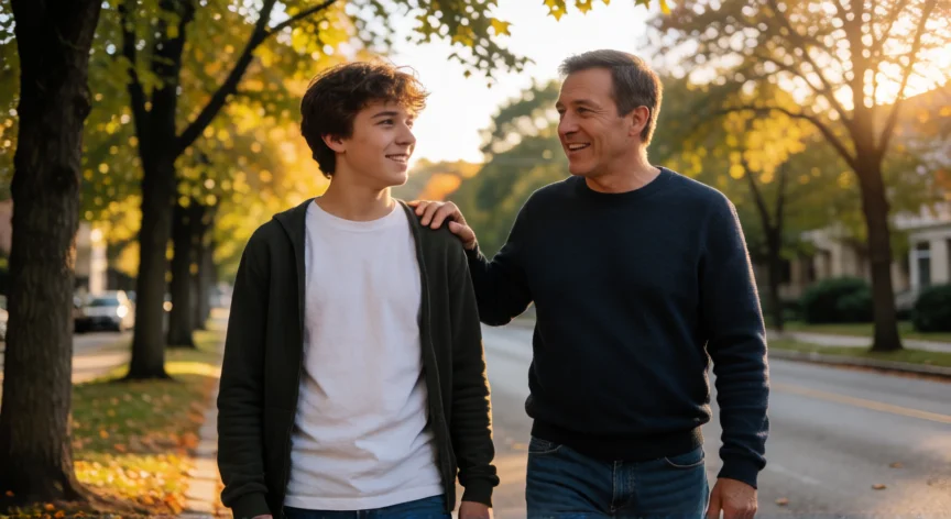 como ser mejor padre, Padre e hijo adolescente caminando juntos platicando en una calle arbolada al atardecer