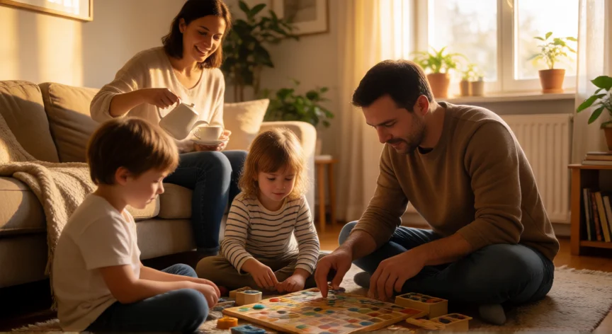 Padre jugando en el suelo con sus hijos mientras la madre prepara té, ambiente cálido y familiar