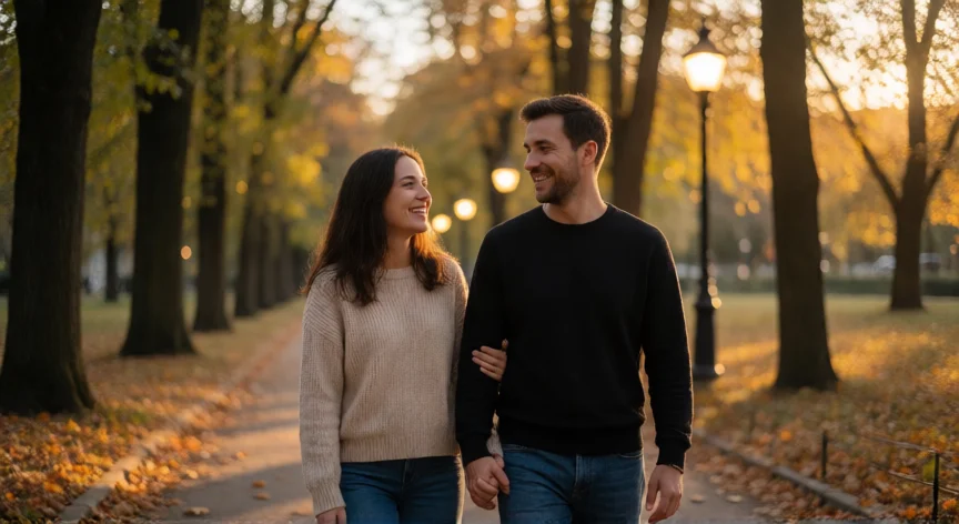 como ser mejor padre y esposo, Pareja caminando de la mano por un parque al atardecer, momento de conexión y complicidad