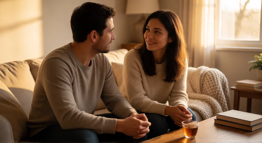 como ser mejor pareja, Pareja conversando con calma y conexión emocional en un salón acogedor