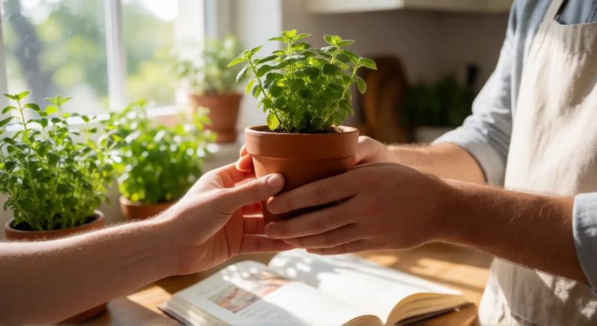 como ser mejor pareja, Manos de una pareja cuidando juntas una planta en la cocina, símbolo de colaboración