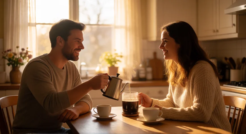como ser mejor pareja cada día, Pareja compartiendo café por la mañana en la cocina con atención mutua