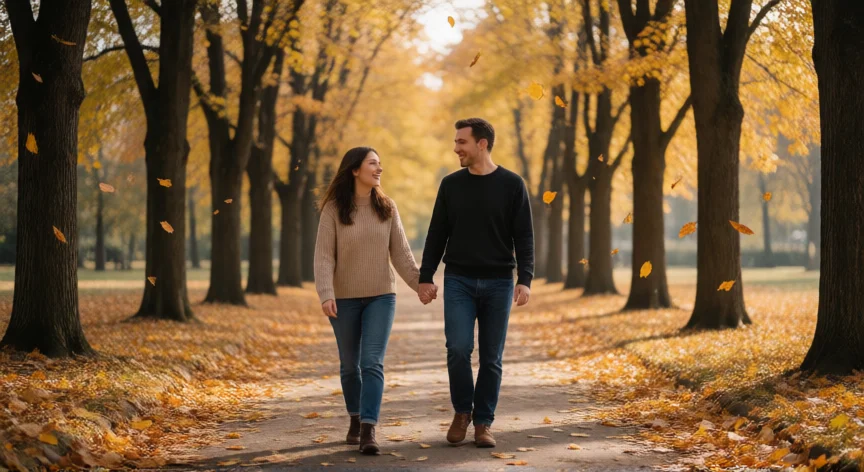 como ser mejor pareja cada día, Pareja paseando y riendo juntas en un parque otoñal